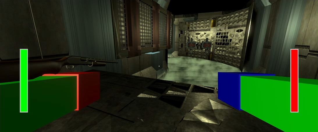 A screen shot of High Vaultage, a futuristic-looking FPS.